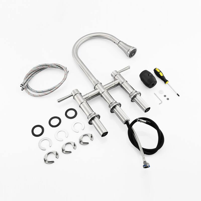 Topcraft Stainless Steel Two Handle Bridge Pull Down Kitchen Faucet