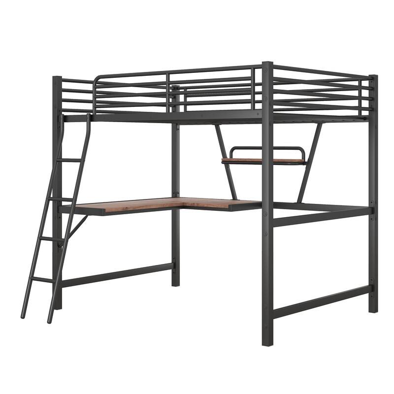 Twin/Full Loft Bed with Desk, Metal Twin/Full Size Loft Bed Frame with