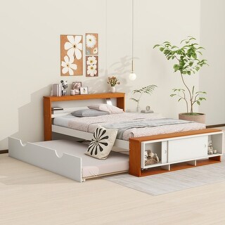 Full Size Platform Bed with Trundle,Storage Headboard and Footboard,USB Charging Design