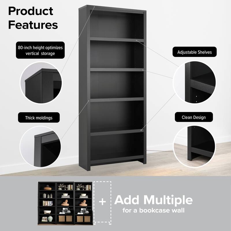 Prepac Moda 80" H 5-Tier Bookcase, Modern Storage Accent Bookshelf with 3 Adjustable Shelves for Home Office, Living Room