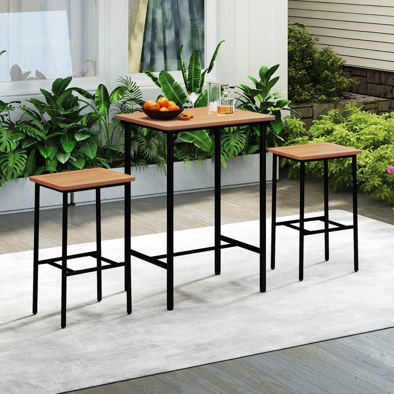 Costway 3 PCS Acacia Wood Patio Bar Set, Outdoor Bar Height with Metal - See Details