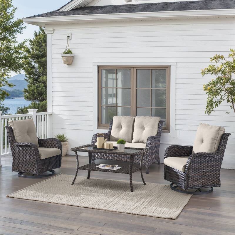 Outdoor Swivel Chairs with Loveseat Coffee Table Brown-Beige - Brown - Brown - Beige