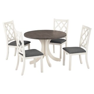 Solid Wood 5-Piece Round Dining Table Set with 4 Upholstered Chairs ...