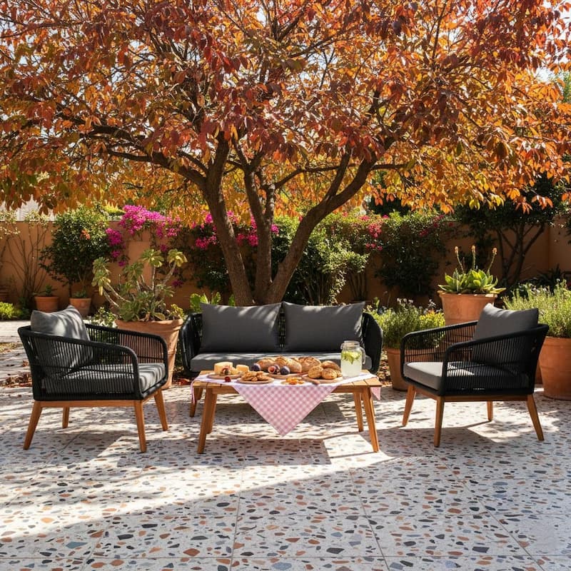 M4H Mieres 4-Piece Acacia Wood Outdoor Rope Conversation Set