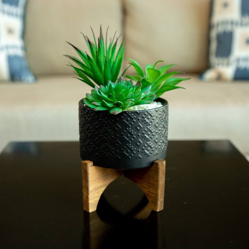 Mid-Century 5" Indian Ceramic Planter ON WOOD STAND, MATTE BLACK - Black