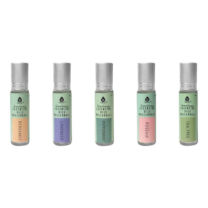 Pursonic Aromatherapy Essential Oils Rollerballs (Bergamot, Lavender, Peppermint, Rosehip, Tea Tree) - White