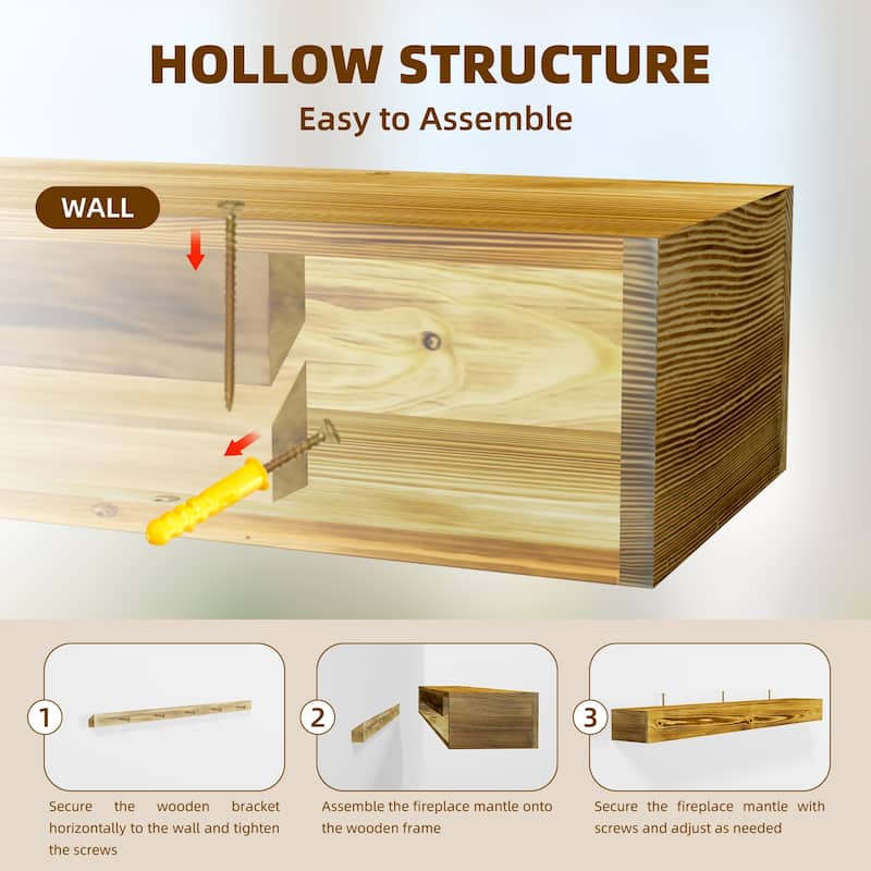 60" Fireplace Mantel, Rustic Mantle Shelf with Invisible Brackets, Handcrafted Wood Floating Fireplace Mantel, Wall Mounted