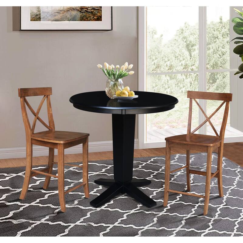36 in Round Top Counter Height Dining Table with Stools in Black/Distressed Oak