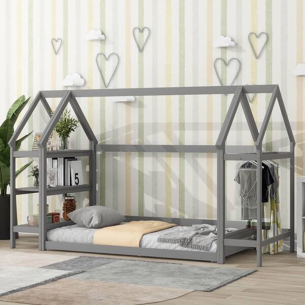 slide 2 of 16, Functional Twin Floor Bed with House Roof Frame, Storage Stands, Clothes Hangers