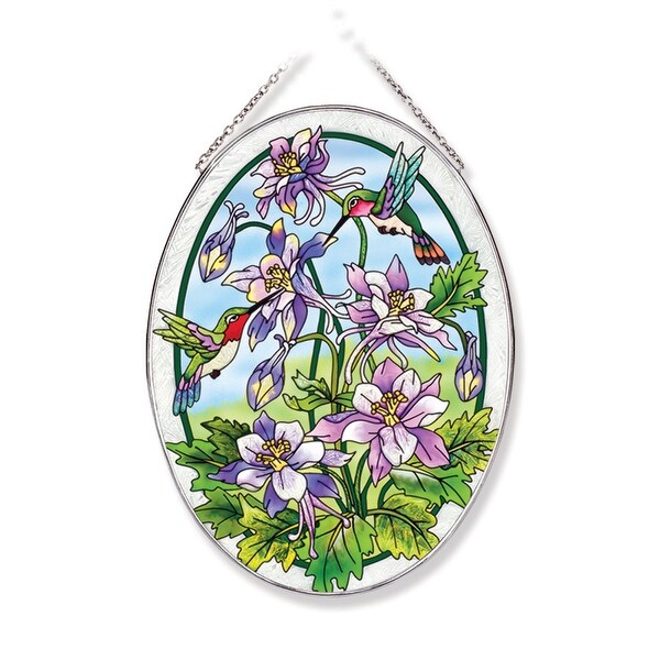 Purple and Green Columbine with Hummingbird Oval Glass Wall Art Decor 9.25" x 6.75" - N/A