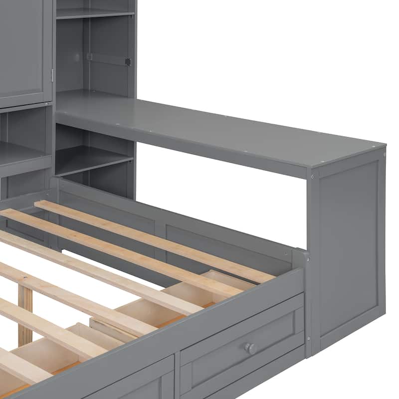 Full Size Daybed with Built-In Desk and Storage,4 Shelves, 2 Cabinets and 3 Drawers