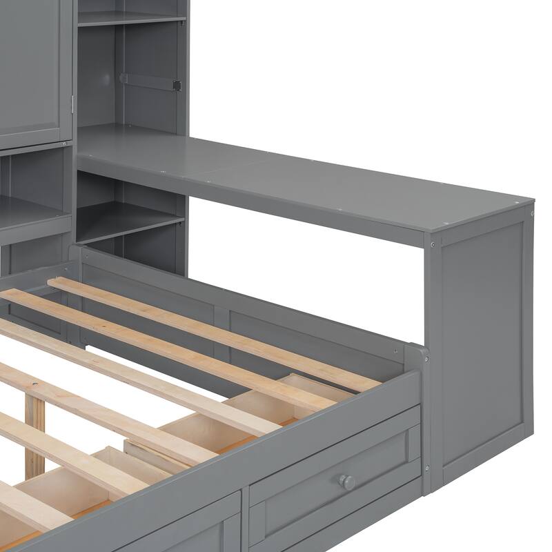 Wooden Daybed Frame All-in-One Bookcase Captains Bed with Storage Cabinet, Wardrobe, Side Writing Desk and 3 Bottom Drawers