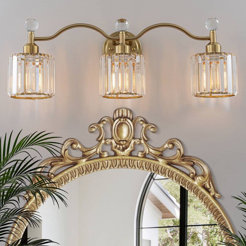 Starsky 3-Light Modern Crystal Bathroom Vanity Fixture with Ribbed Glass Shades and Sparkling Crystal Ball Accents