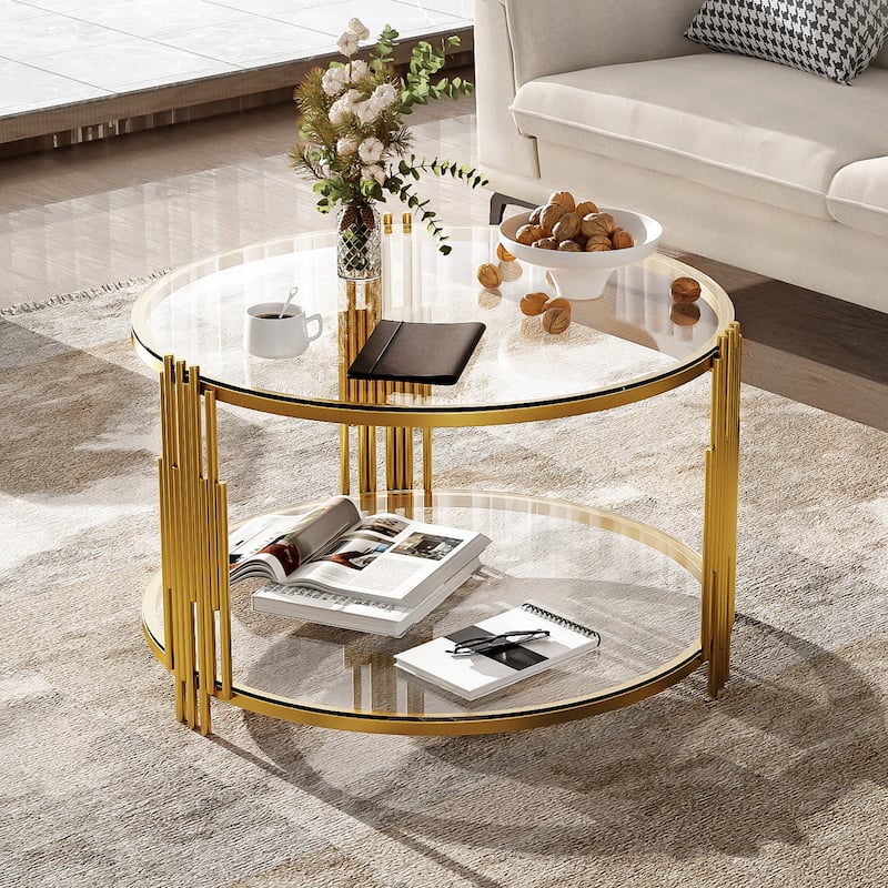 Modern Glass Coffee Table in 31.5", Asymmetrical Metal, Circular Metal Drum Base, Gold Finish & Lower Shelf