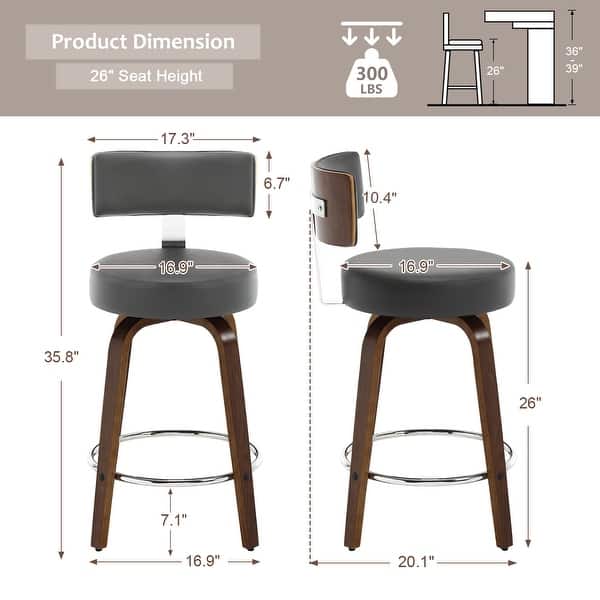 dimension image slide 5 of 9, Faux Leather Upholstered Swivel Counter/ Bar Stools Set of 1/2/4