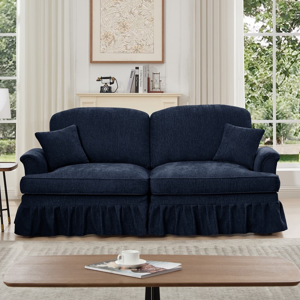 Mid-Century 2-Seat Sofa Couch with Flared Arms & Removable Ruffled Skirts, Retro Chenille Upholstered Loveseat for Living Room