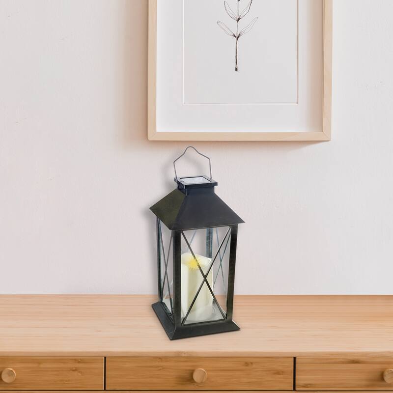 LED Solar Clear Glass Pane Lantern with Faux Candle Diamond