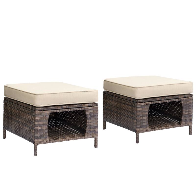 Outdoor Patio Cushioned Rattan Wicker Storage Ottomans (Set of 2)