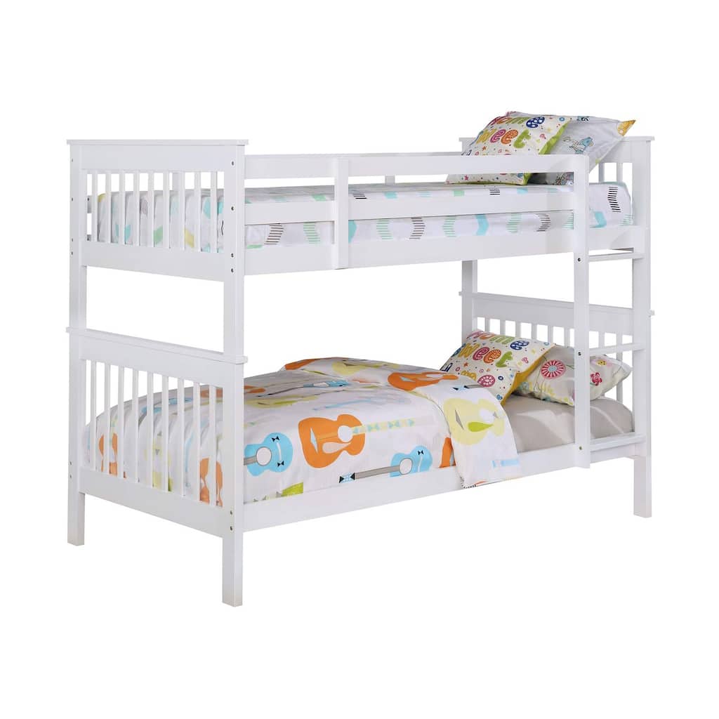 Wood Twin Over Twin Bunk Bed with Mattress in White