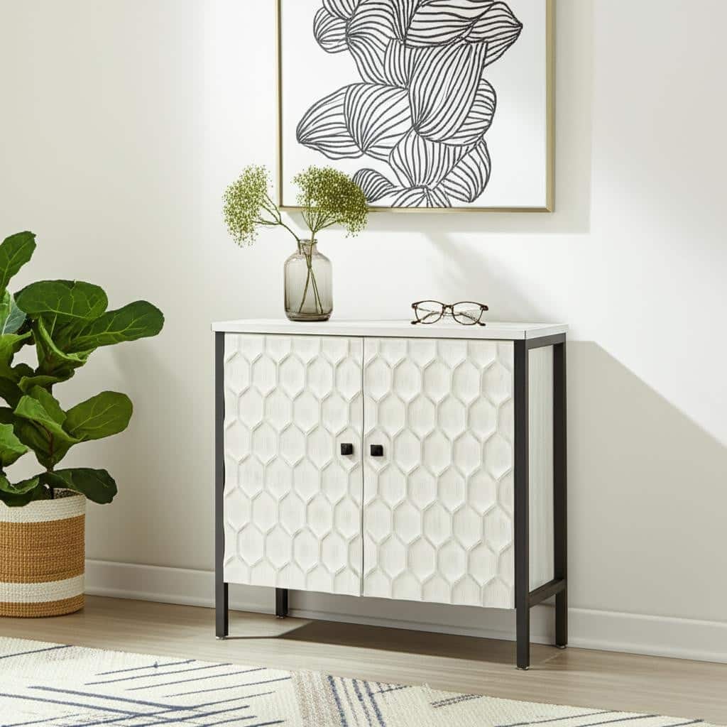 HomeRoots 32" White and Gray Wood and Metal Carved Geometric Accent Cabinet With Two Doors