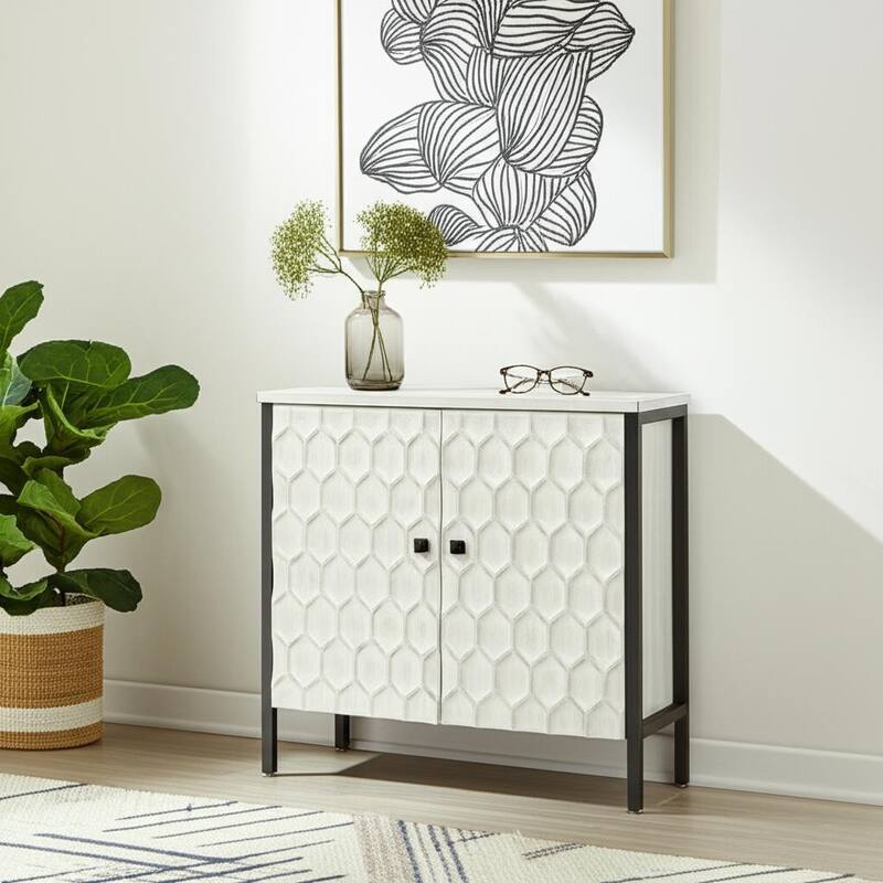 HomeRoots 32" White and Gray Wood and Metal Carved Geometric Accent Cabinet With Two Doors - White