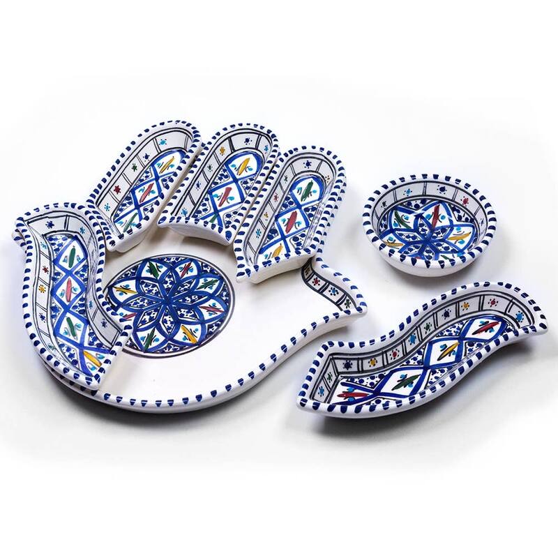 Bohemian Hamsa Dipping and Serving Set - Versatile Handcrafted Ceramic Decor - Blue