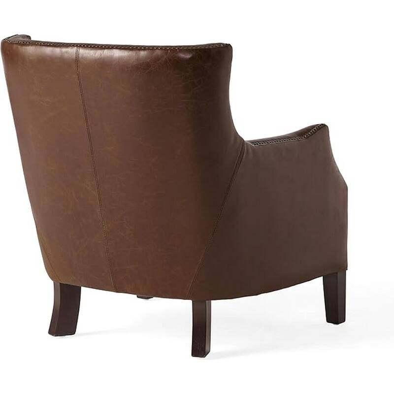 Accent Sofa Chair, Studded Trim, Brown Top Grain Leather, Rubberwood