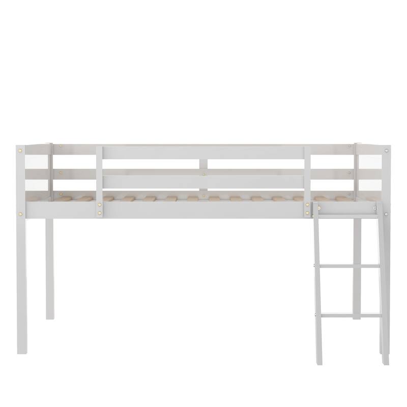 Full Size Wood Low Loft Bed with Convertible Ladder, White