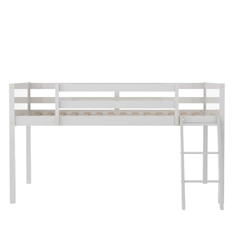 White Full Size Solid Wood Low Loft Bed with Ladder and Fence Baffle, and Wood Slats Support for Bedroom