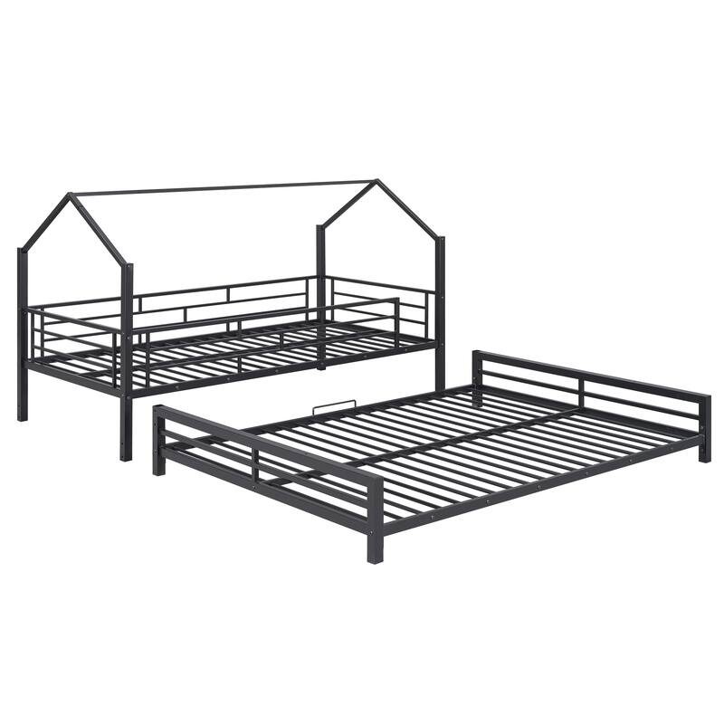 Metal House Bunk Bed with Roof, Ladder, and Fence for Kids