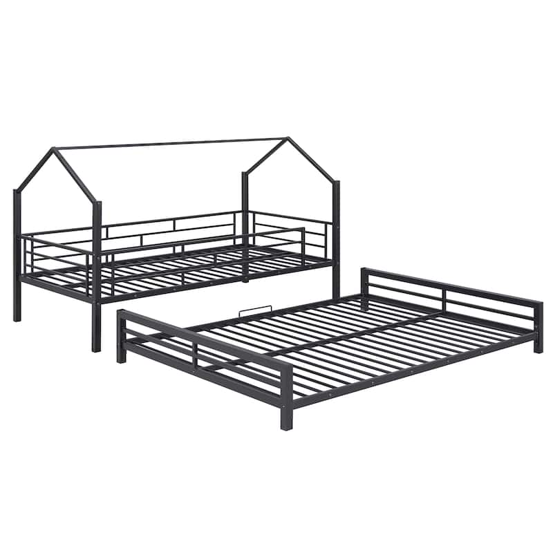 Twin Over Full Kids Heavy Metal House Low Bunk Bed, Convertible Floor Bunk Bed Frame with Full-Length Guardrail and Ladder