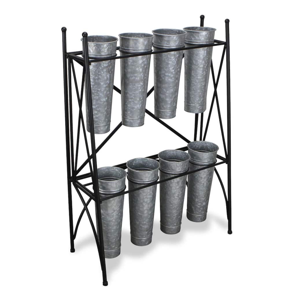 41" Gray and Black Plant Stand with 8 Galvanized Planter Pots