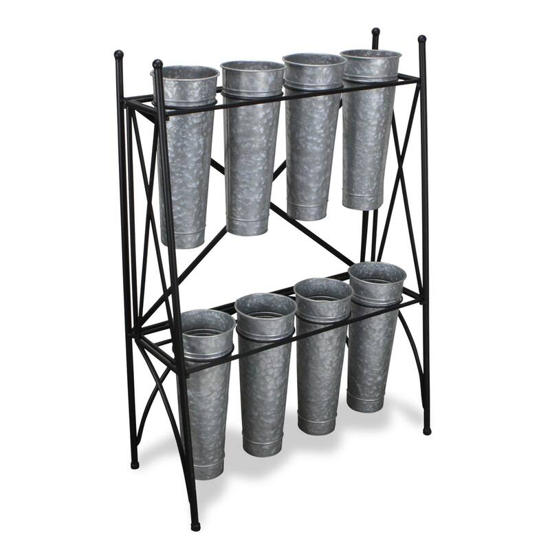 41" Gray and Black Plant Stand with 8 Galvanized Planter Pots