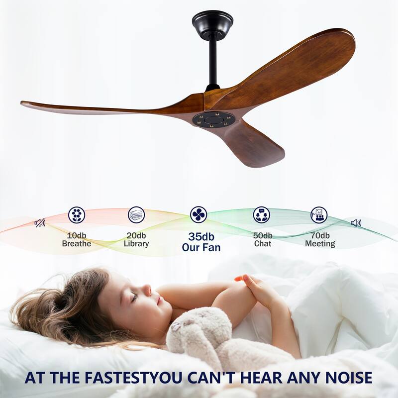 52 Inch Ceiling Fans Without Lights,Solid Wood Ceiling Fan with Remote Control and DC Motor,Ceiling Fan no Light with 3 Blades