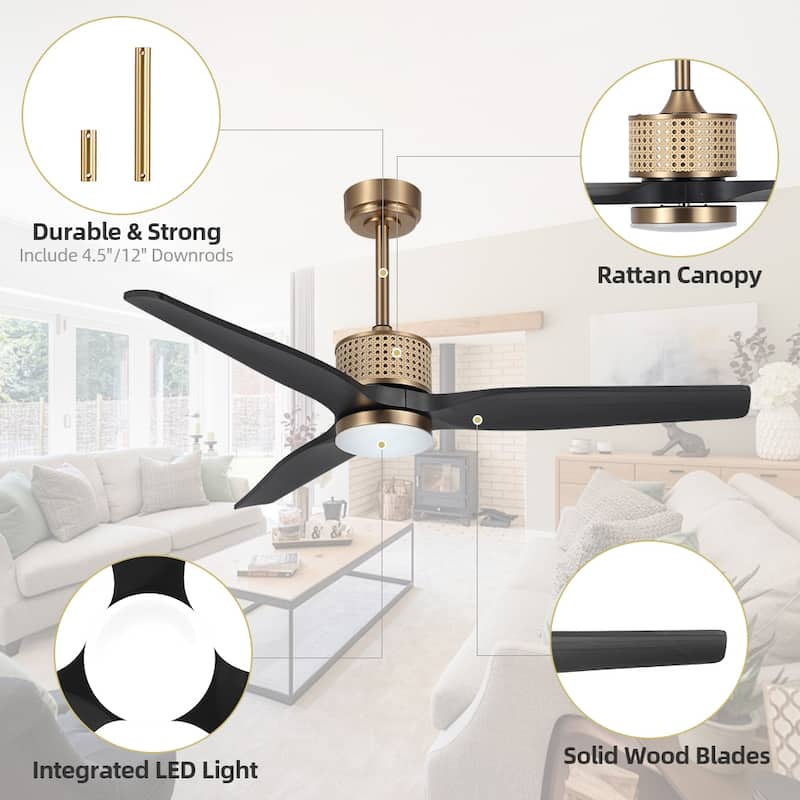 MLiAN 52 In. 3 Solid Wood Indoor Ceiling Fan with Light Kit - 52"