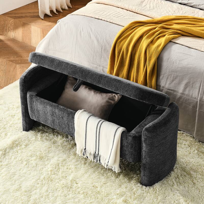 Gray Chenille Fabric Oval Storage Bench - Large Storage Space