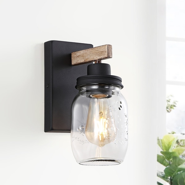 True Fine 1 Light Black Wood Tone Rustic Farmhouse Wall Sconce with Clear Mason Jar Glass Shade 10 inchh x 4.7 inchw x 5.4 inchd Size 10 H x 4.7 W OS10005W