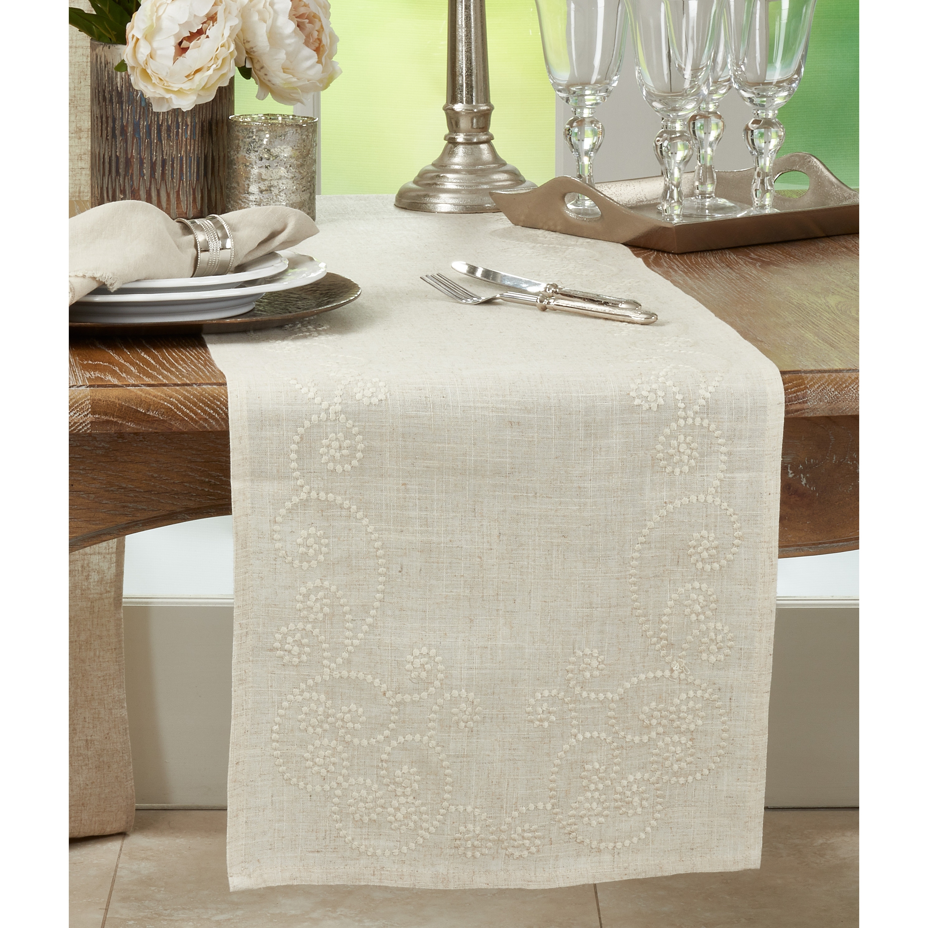 Handcrafted Graphite Solino Home 100% Pure Linen Fringe Table Runner – 14 x 108 Inch Natural Fabric 
