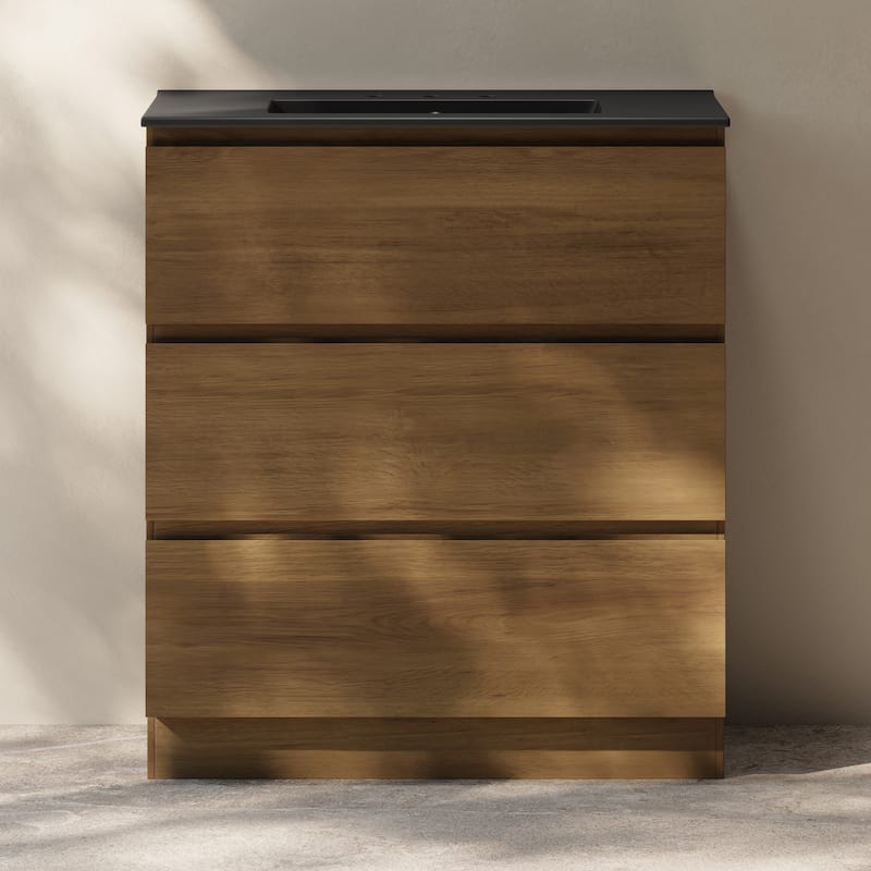Liberte 30" Freestanding Bathroom Vanity In Brown Oak With Black 3-Hole Widespread Sink Top - 30