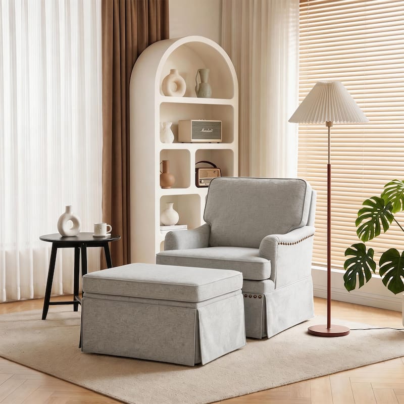 Skirted Swivel Accent Nailhead Barrel Chair With Storage Ottoman Set - Beige