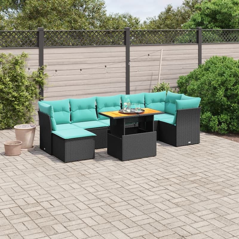 vidaXL Patio Sofa Set with Cushions Outdoor Furniture 8 Piece Poly Rattan - 24.4" x 24.4" x 27.2" - Black 3x corner + 3x middle + footstool + table