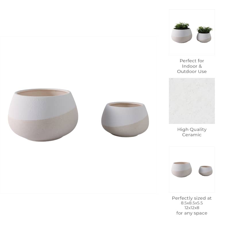 Stoneware Ceramic Planters Two-Tone Design (Set of 2) - 12" x 12" x 8"