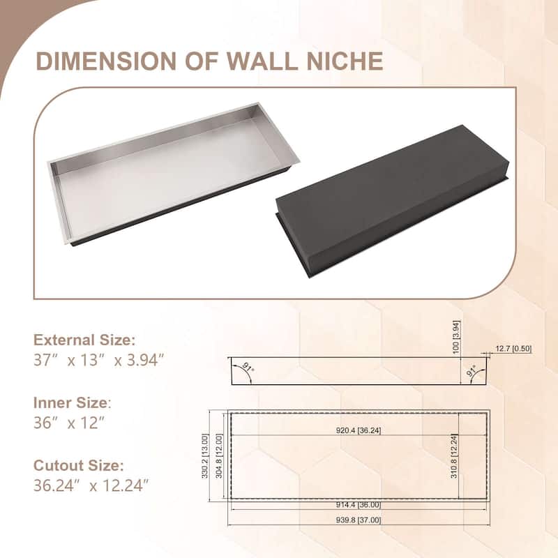 Lordear Brushed Stainless Steel 36'' x 12'' Bath Shower Niche Bathroom Storage