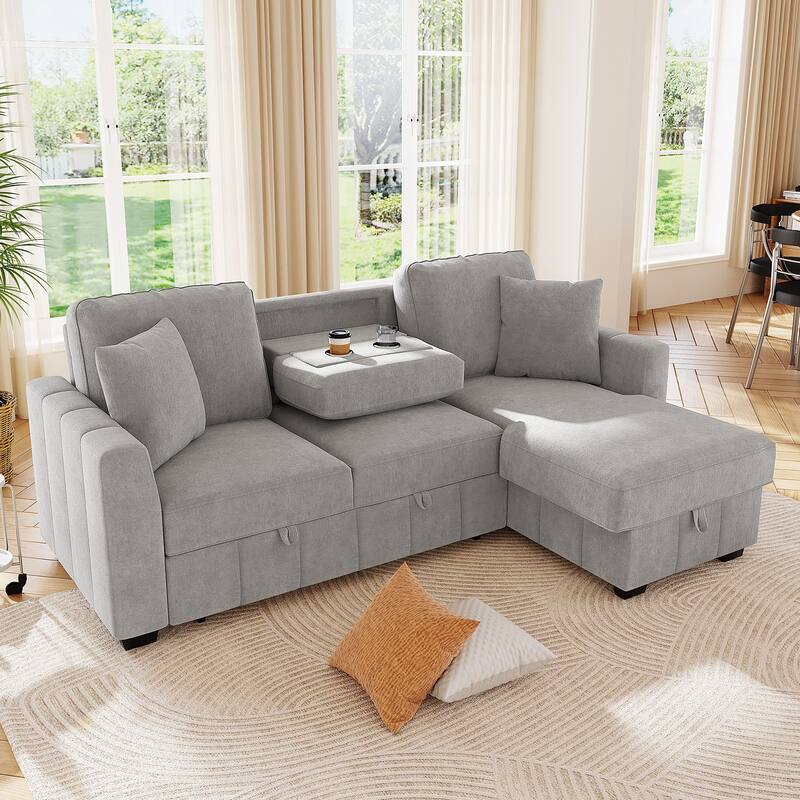 L-Shaped Sectional Sofa with Reversible Storage Chaise, Sleeper Sofa with Drop-Down Center Back Cushion and Cup Holders