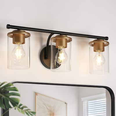 Modern Black Gold 3-Light Bathroom Vanity Lights Glass Metal Wall Sconces - W 21.6" x L 7.8" x H 6.7"