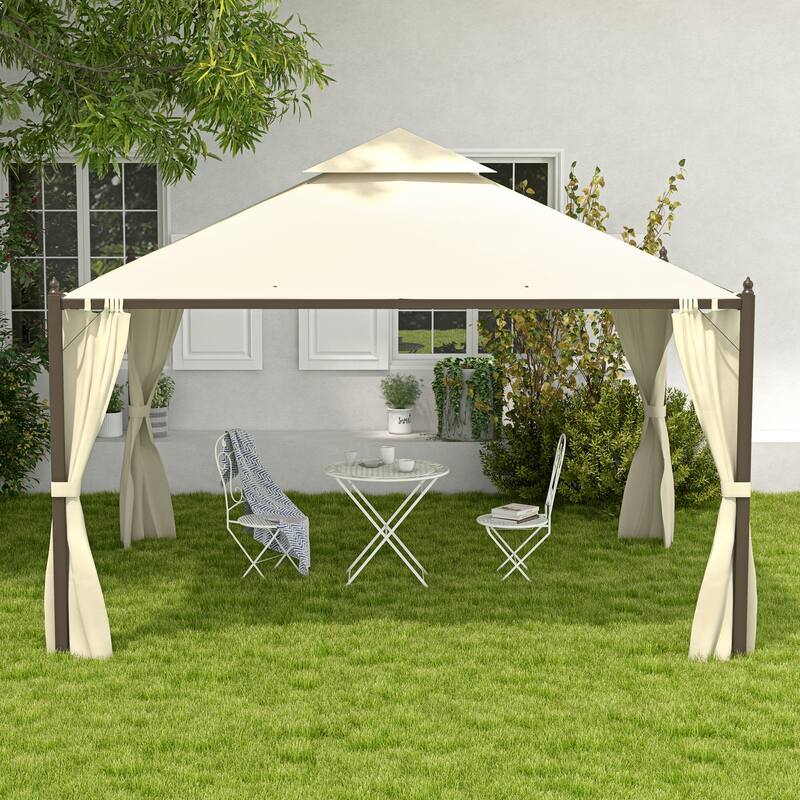 10x12 Foot Steel Outdoor Patio Gazebo with Privacy Curtains and Two-Tier Roof