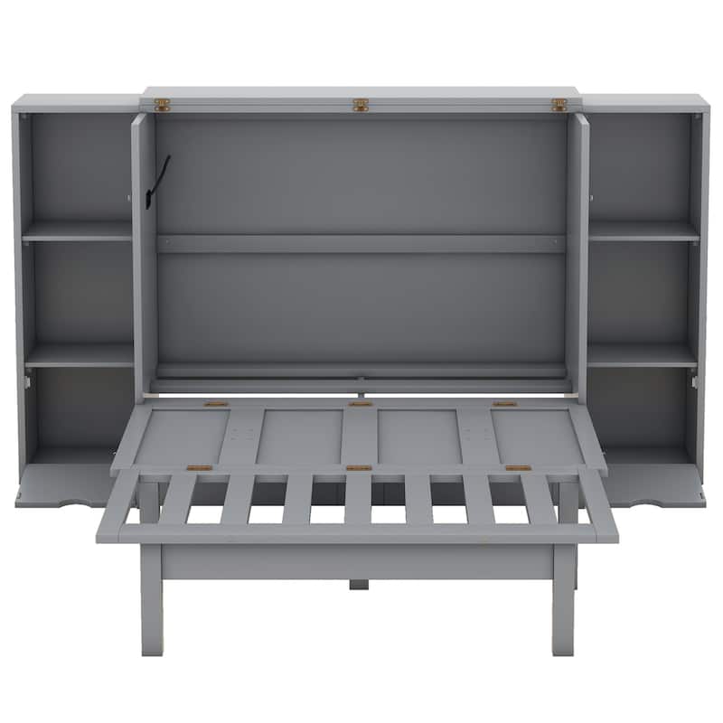 Gray Queen Size Murphy Bed with Shelves, Drawers, USB Ports