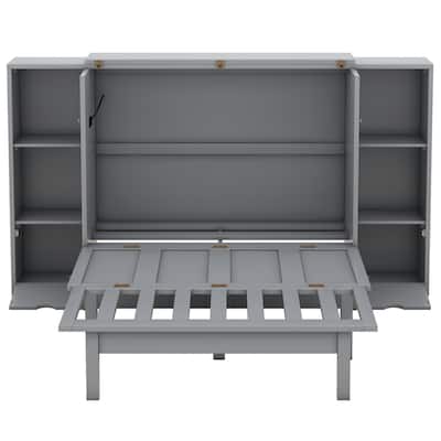 Murphy Bed Cabinet Queen Size, 2 in 1 Foldable Platform Murphy Bedframe with Shelves, Drawers and USB Ports, Space Saving, Gray