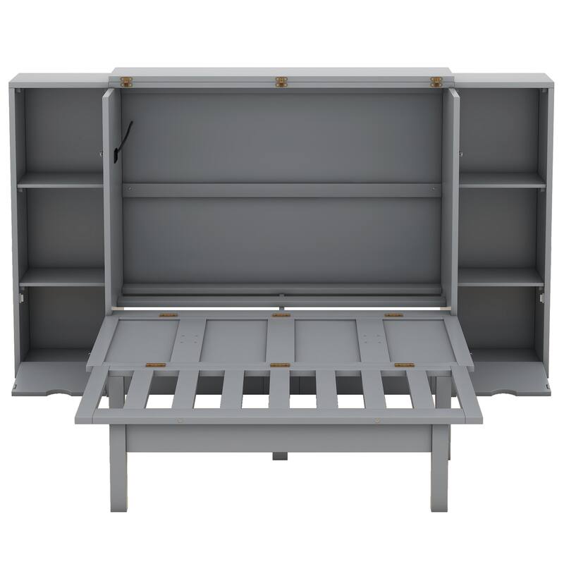 Queen Size Murphy Bed with Shelves, Drawers and USB Ports,Gray