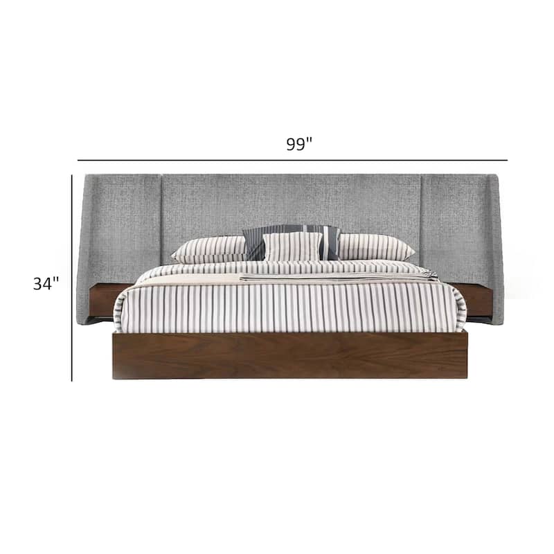 Nie Queen Bed, Gray Upholstered Wide Wall Headboard, Walnut Brown Wood